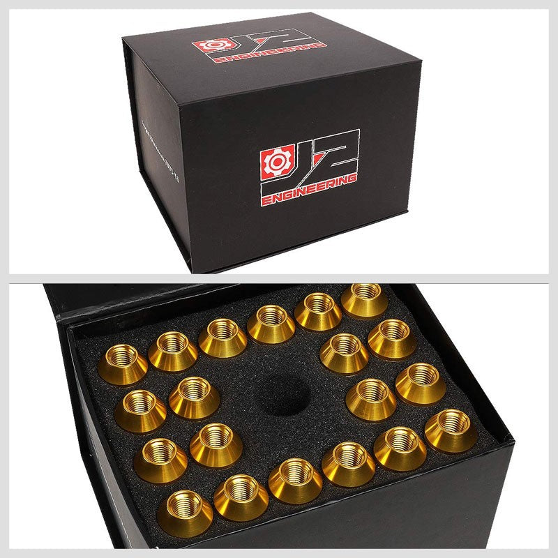J2 Gold Open Double Knurled End Acorn Tuner 90MM M12x1.50 Lug Nuts Set+Adapter-Car & Truck Wheels-BuildFastCar