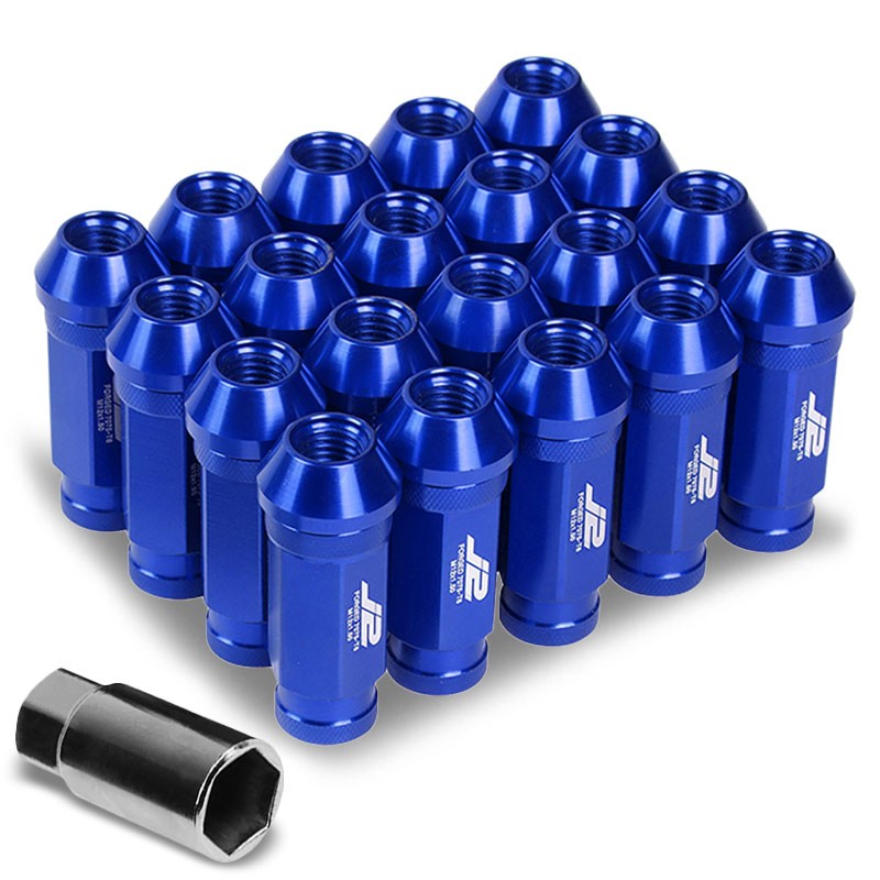 J2 Blue Open Knurled End Acorn Tuner 25MM OD/60MM M12 x 1.50 Lug Nuts+Adapter-Car & Truck Wheels-BuildFastCar
