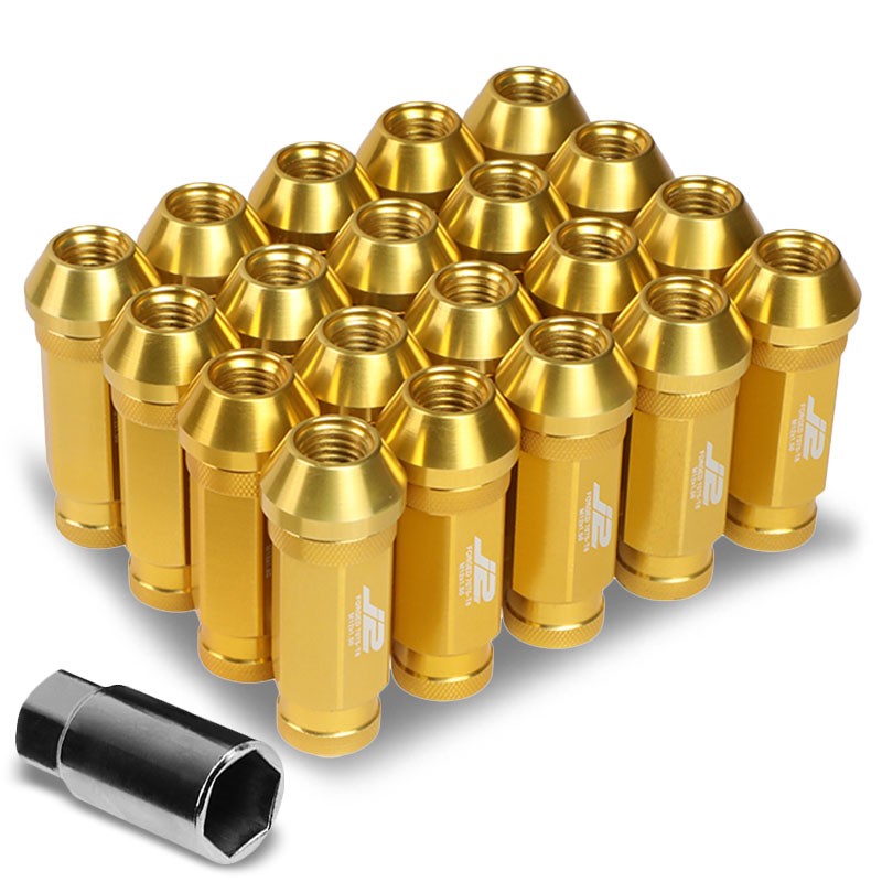 J2 Gold Open Knurled End Acorn Tuner 25MM OD/60MM M12 x 1.50 Lug Nuts+Adapter-Car & Truck Wheels-BuildFastCar
