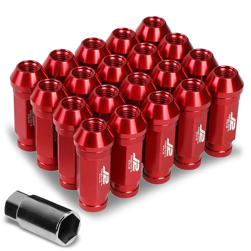 J2 Red Open Knurled End Acorn Tuner 60MM M12x1.50 Lug Nuts 20 Pcs Set+Adapter-Car & Truck Wheels-BuildFastCar
