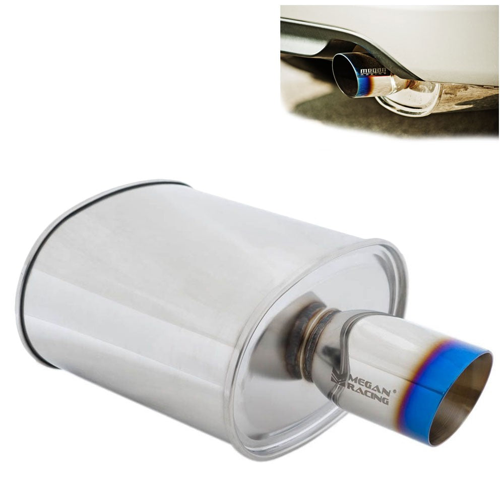 Megan Racing Universal Muffler 3.5" Tip/2.4" Inlet Silver Chrome Rolled Blue Tip-Exhaust Parts-BuildFastCar