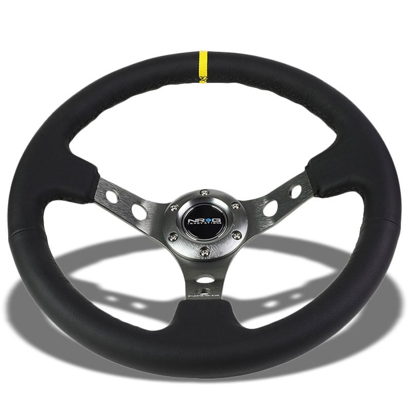 NRG Black Leather/Gunmetal Spokes/Stripe Deep Dish 6-Bolt 350mm Steering Wheel-Interior-BuildFastCar