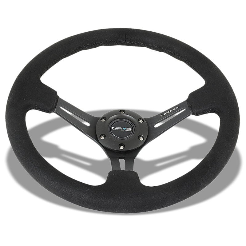 NRG RST-018SA Black Suede/Slit Holes 3 Spoke Steering Wheel+Horn Button-Interior-BuildFastCar
