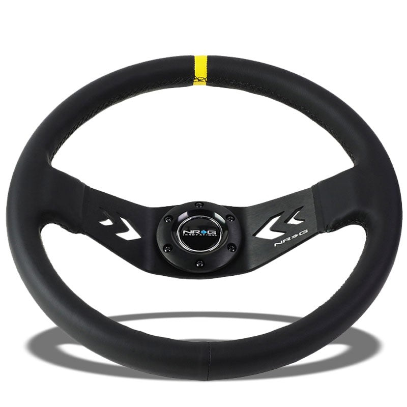 NRG Black Leather/2 Spokes/Yellow Stripe Deep Dish 6-Bolt 350mm Steering Wheel-Interior-BuildFastCar