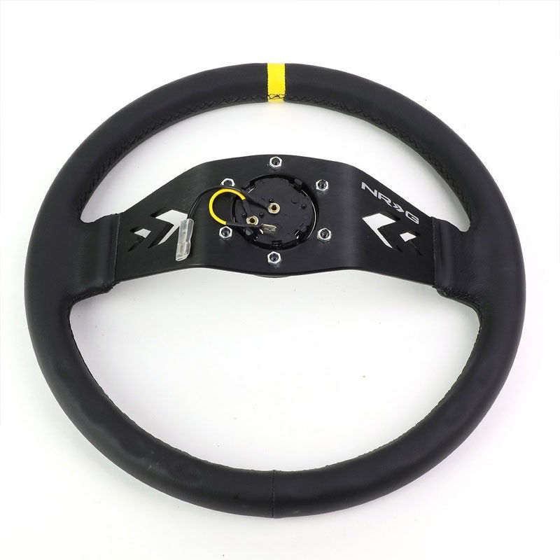 NRG Black Leather/2 Spokes/Yellow Stripe Deep Dish 6-Bolt 350mm Steering Wheel-Interior-BuildFastCar
