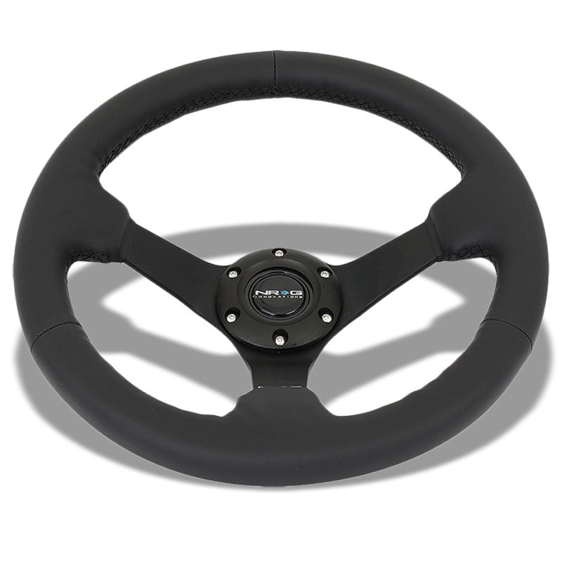 NRG RST-033BK-R Black Leather/Thumb Grip 3 Spoke Steering Wheel+Horn Button-Interior-BuildFastCar