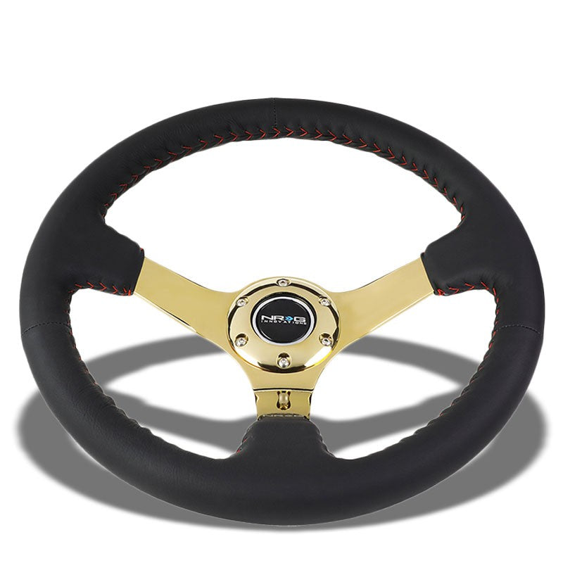 NRG Black Leather/Gold Spokes Deep Dish 6-Bolt 350mm Steering Wheel+Horn Button-Interior-BuildFastCar