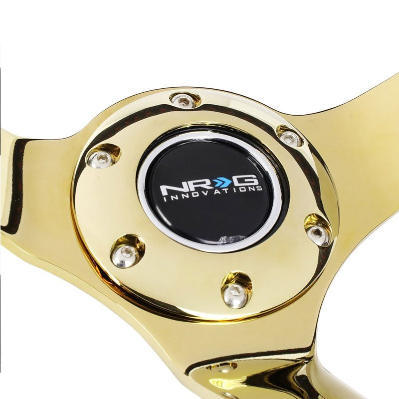 NRG Black Leather/Gold Spokes Deep Dish 6-Bolt 350mm Steering Wheel+Horn Button-Interior-BuildFastCar