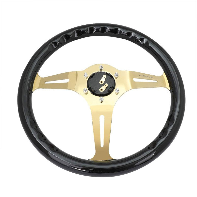 NRG ST-015CG-BK Black Wood/Gold Slit Holes 3 Spoke Steering Wheel+Horn Button-Interior-BuildFastCar