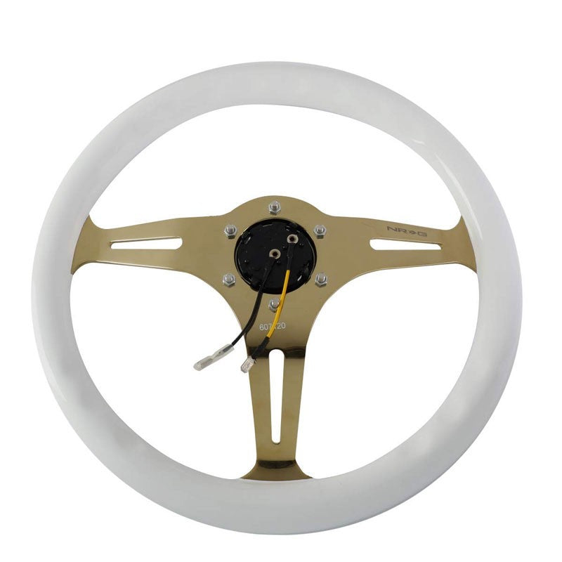 White Wood/Gold Slit Holes 350mm ST-015CG-WT NRG Steering Wheel+Horn Button-Interior-BuildFastCar
