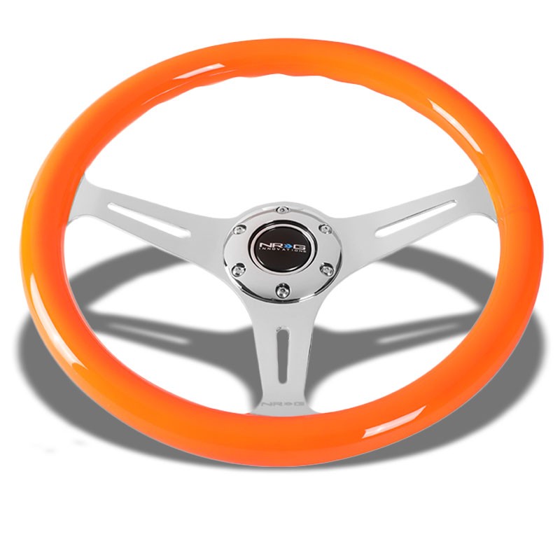 Neon Orange Wood/Chrome Slit Holes 350mm 2" Deep ST-015CH-NOR NRG Steering Wheel-Interior-BuildFastCar