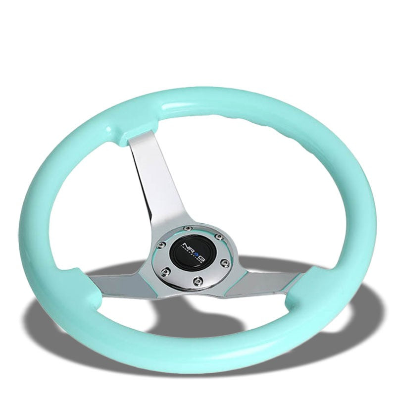 NRG Minty Fresh Wood Grain/Chrome 3 Spokes Deep Dish 6-Bolt 350mm Steering Wheel-Interior-BuildFastCar