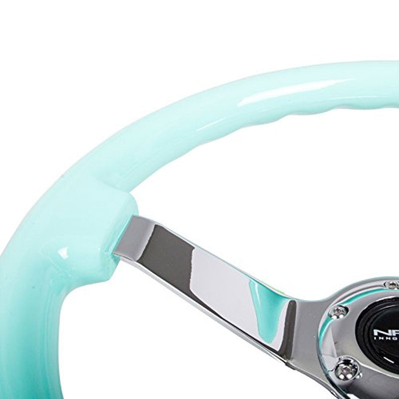 NRG Minty Fresh Wood Grain/Chrome 3 Spokes Deep Dish 6-Bolt 350mm Steering Wheel-Interior-BuildFastCar