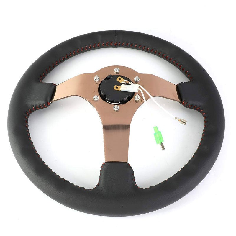 Black Leather/Rose Gold Vintage 350mm 3" Deep ST-036RG NRG Steering Wheel+Horn-Interior-BuildFastCar