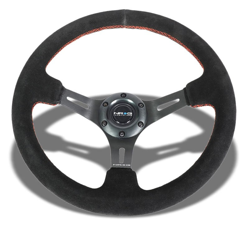 Black Suede/Black Slit Hole 350mm 3" Deep ST-055S-BKRS NRG Steering Wheel+Horn-Interior-BuildFastCar