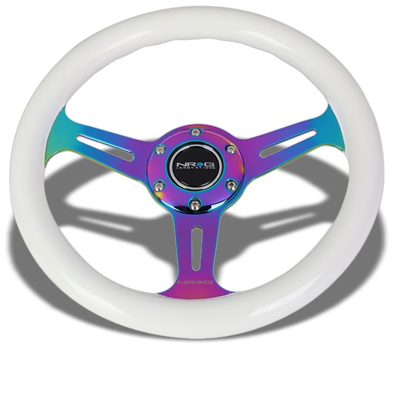 NRG White Wood Grain/Neo Chrome Spokes 310mm Slit Holes 3 Spoke 6-Bolt Steering Wheel Horn Button NRG-ST-310WT-MC
