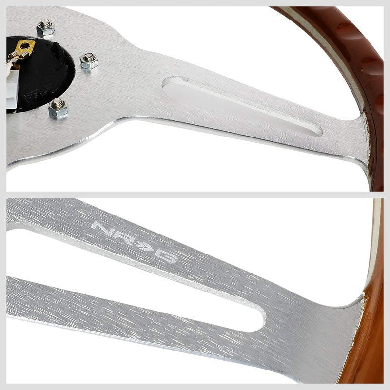 Brown Wood Grain/Silver Slit Holes 365mm ST-380SL NRG Steering Wheel+Horn Button-Interior-BuildFastCar