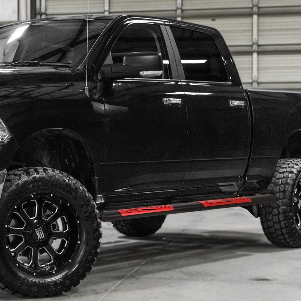 Black/Red Oval Steel Step Pad Running Board Nerf Bar 09-18 Ram 1500 Crew Cab BFC-RUNB-Z-8200-BKRD