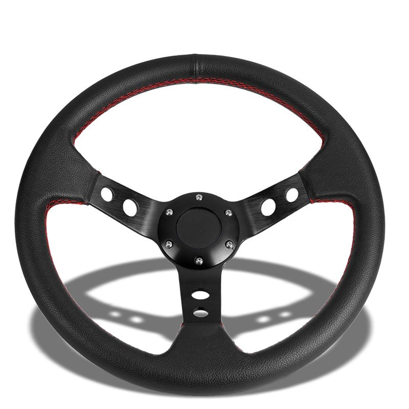 Black Leather/Round Holes Spokes 350mm 3.00" Deep Steering Wheel+Horn Button-Interior-BuildFastCar