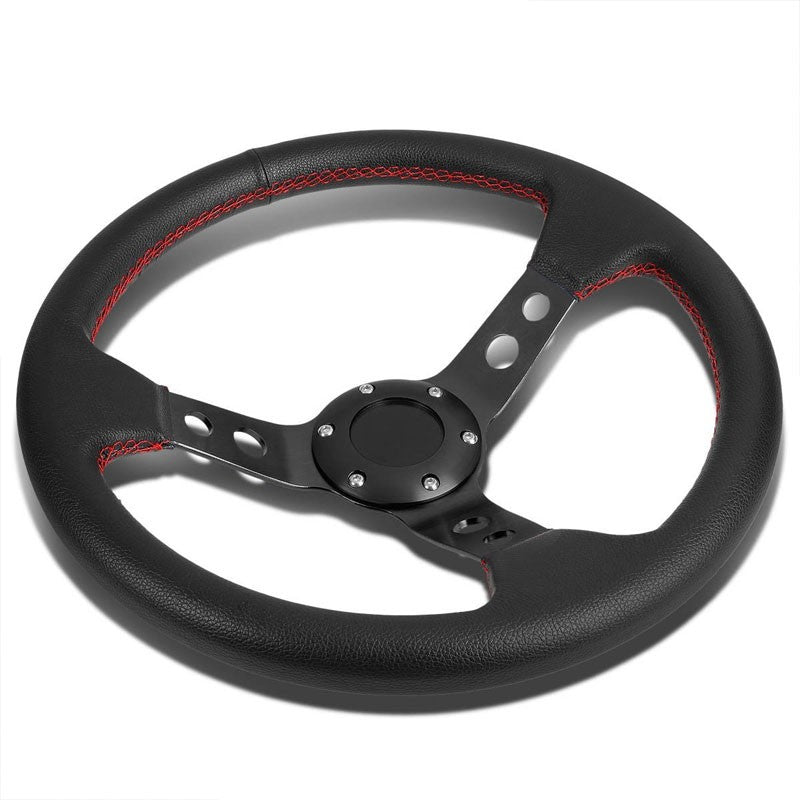 Black Leather/Round Holes Spokes 350mm 3.00" Deep Steering Wheel+Horn Button-Interior-BuildFastCar