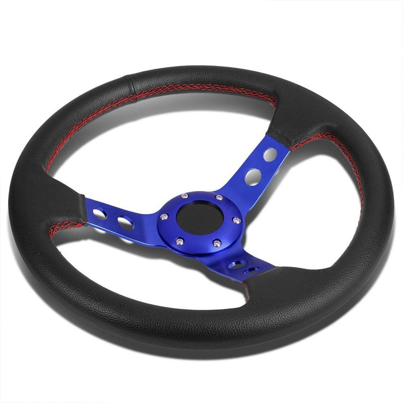 Black Leather/Blue Round Holes Spoke 350mm 3.00" Deep Steering Wheel+Horn Button-Interior-BuildFastCar