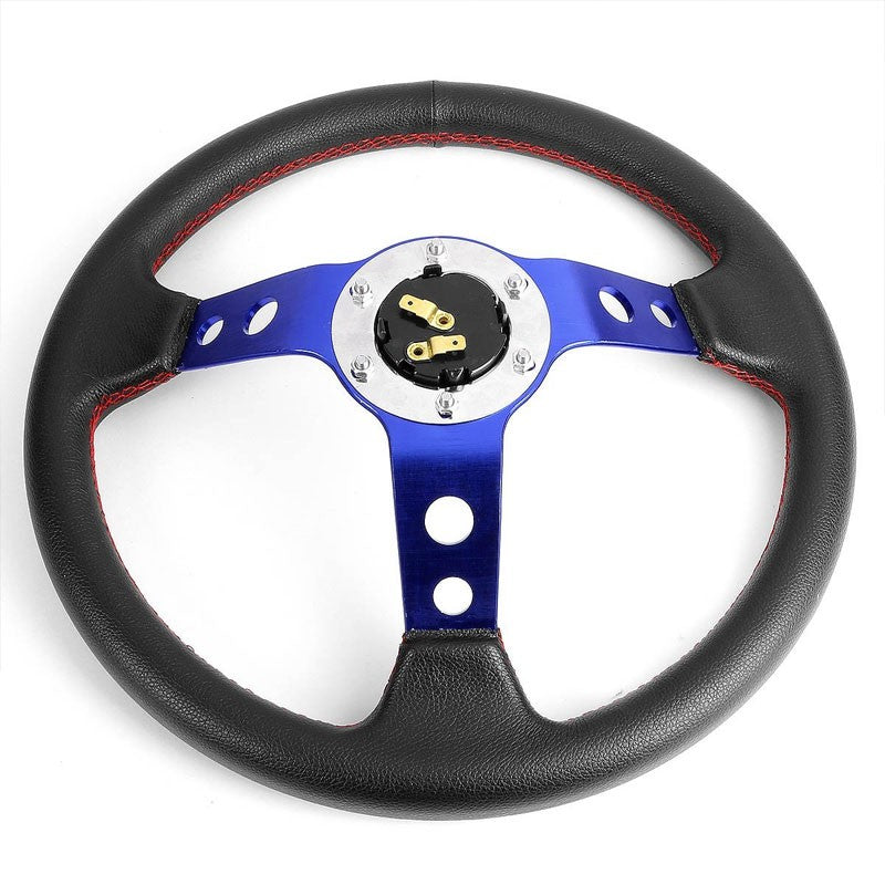 Black Leather/Blue Round Holes Spoke 350mm 3.00" Deep Steering Wheel+Horn Button-Interior-BuildFastCar