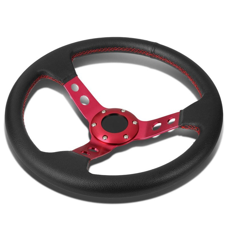 Black Leather/Red Round Holes Spokes 350mm 3.00" Deep Steering Wheel+Horn Button-Interior-BuildFastCar