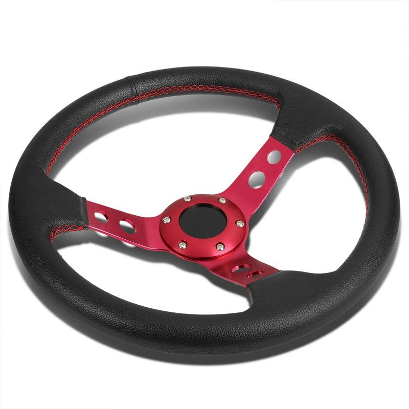 Black Leather/Red Round Holes Spokes 350mm 3.00" Deep Steering Wheel+Horn Button-Interior-BuildFastCar