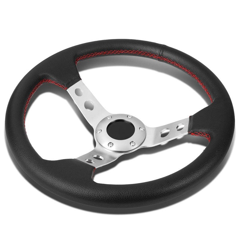 Black Leather/Silver Spokes 350mm 3.00" Deep Dish Steering Wheel+Horn Button-Interior-BuildFastCar