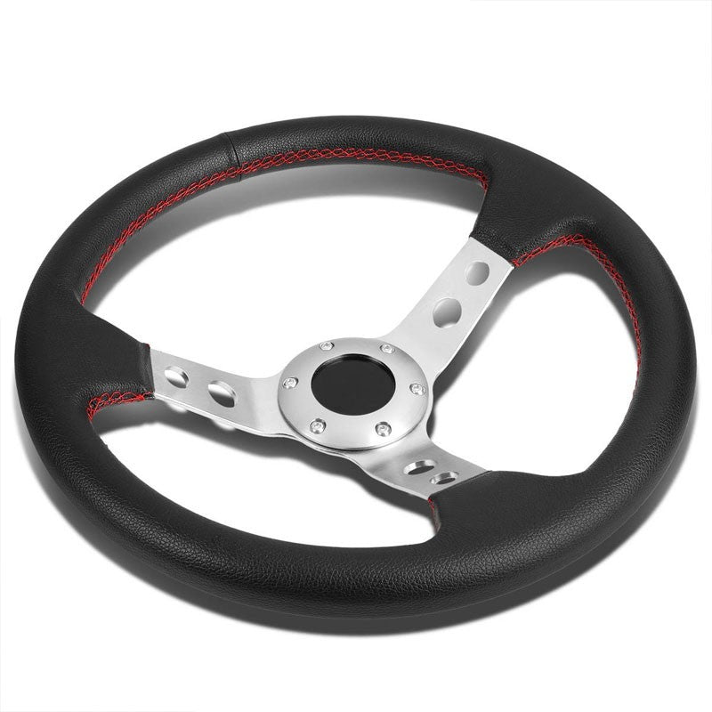 Black Leather/Silver Spokes 350mm 3.00" Deep Dish Steering Wheel+Horn Button-Interior-BuildFastCar