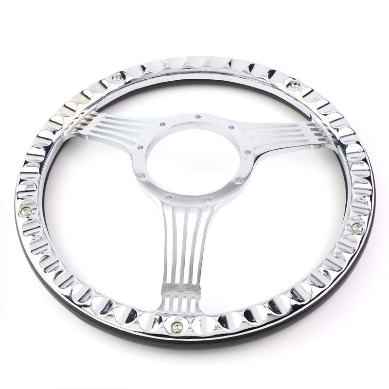 Black Leather/Chrome Banjo String Spokes 340mm 2.25" Deep Dish Steering Wheel-Interior-BuildFastCar