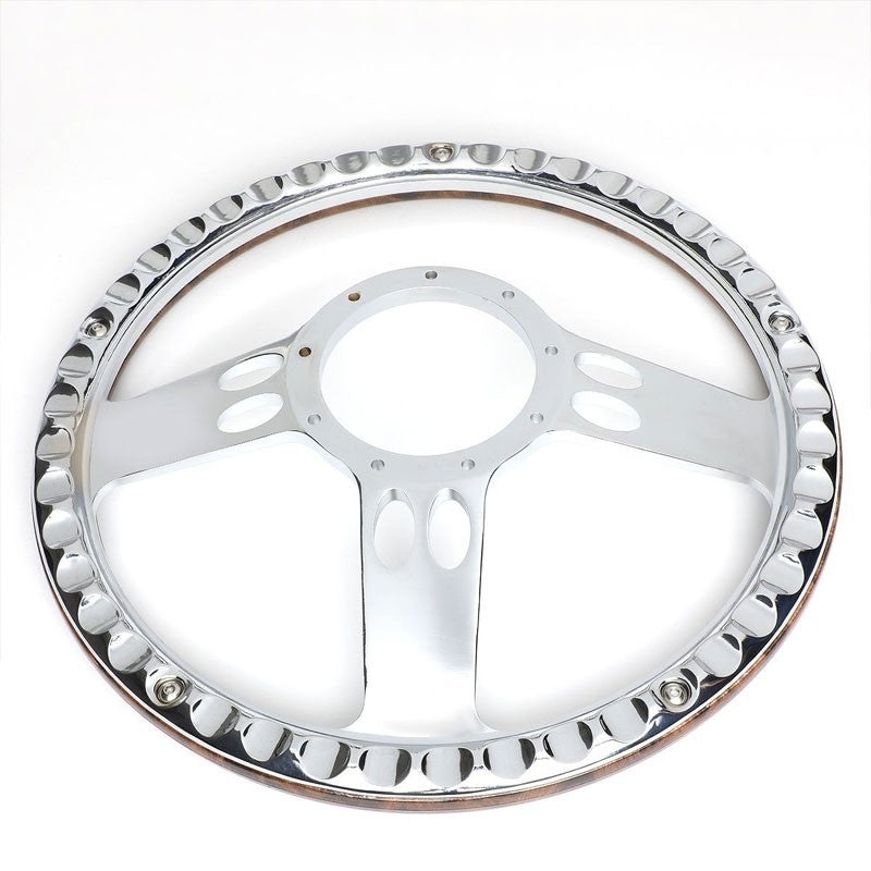 Brown Wood Grain/Chrome Banjo Hose Spokes 340mm 2.25" Deep Dish Steering Wheel-Interior-BuildFastCar