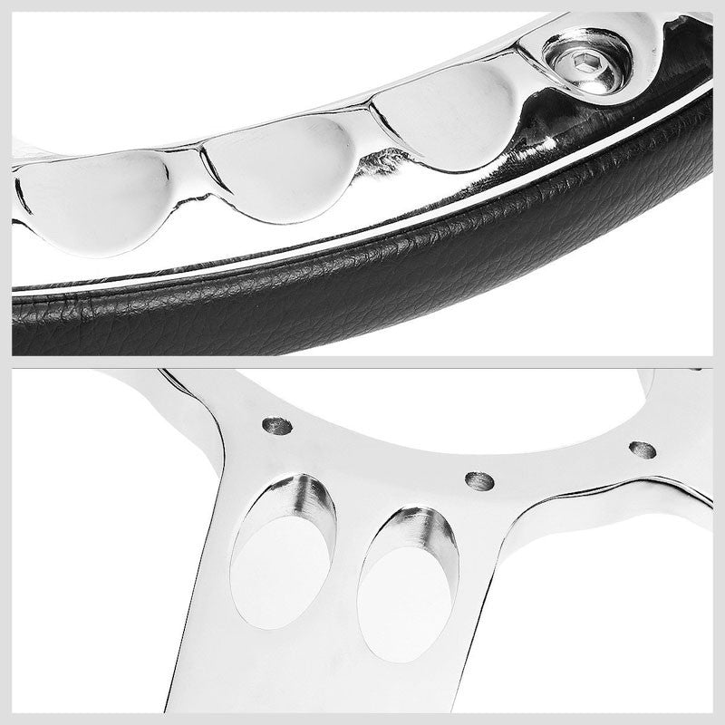 Black Leather/Chrome Banjo Hose Spoke 340mm 2.25" Deep Dish Sport Steering Wheel-Interior-BuildFastCar