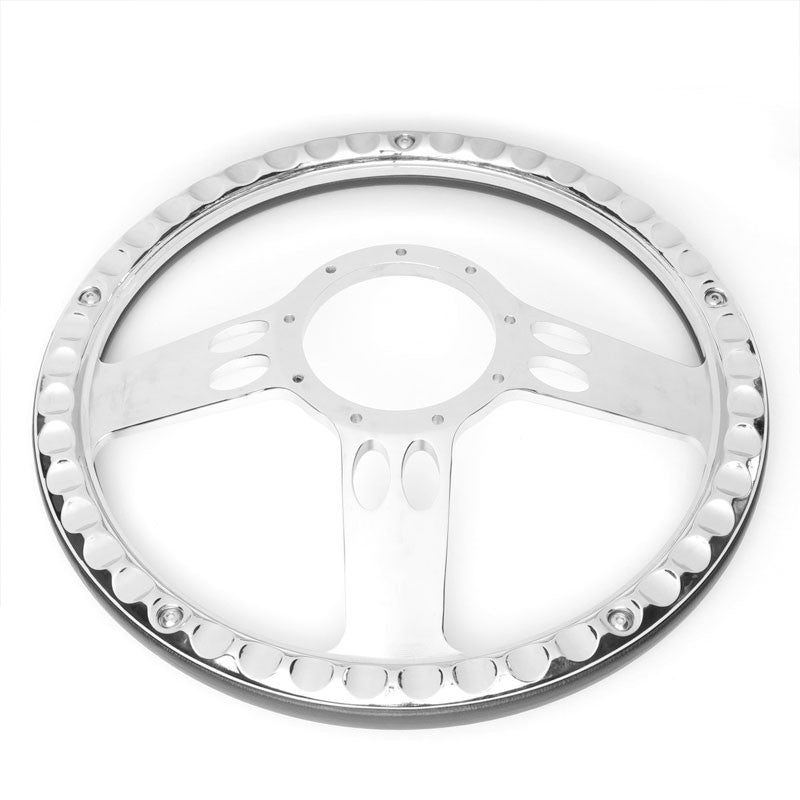 Black Leather/Chrome Banjo Hose Spoke 340mm 2.25" Deep Dish Sport Steering Wheel-Interior-BuildFastCar