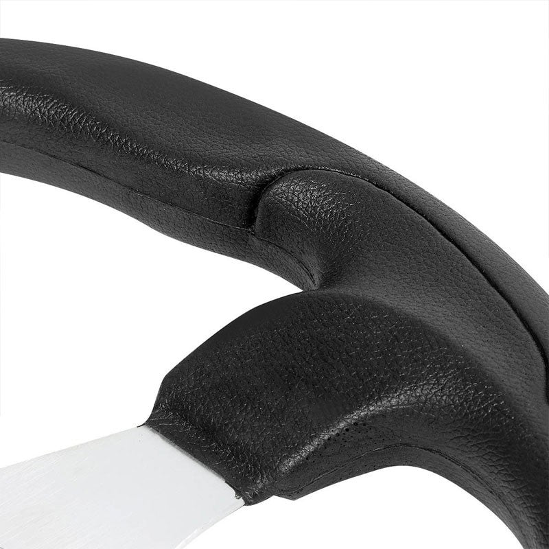 Black Leather Thumb Grip/Silver Spokes 330mm Sport Steering Wheel+Horn Button-Interior-BuildFastCar