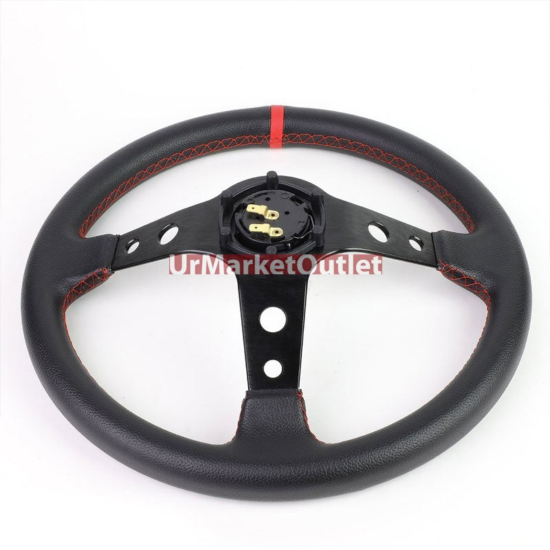 Black Leather/Round Holes Spoke 350mm 3.00" Deep Dish Steering Wheel+Horn Button-Interior-BuildFastCar