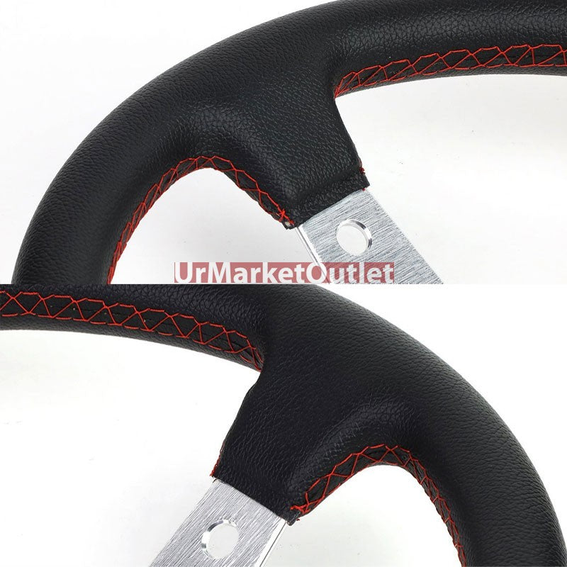 Black Leather/Silver Round Hole 350mm 3.00" Deep Dish Steering Wheel+Horn Button-Interior-BuildFastCar