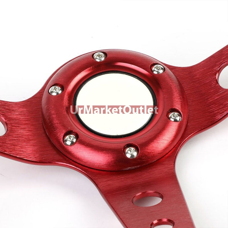 Black Leather/Red Round Holes 350mm 3.00" Deep Dish Steering Wheel+Horn Button-Interior-BuildFastCar