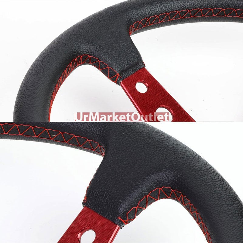 Black Leather/Red Round Holes 350mm 3.00" Deep Dish Steering Wheel+Horn Button-Interior-BuildFastCar