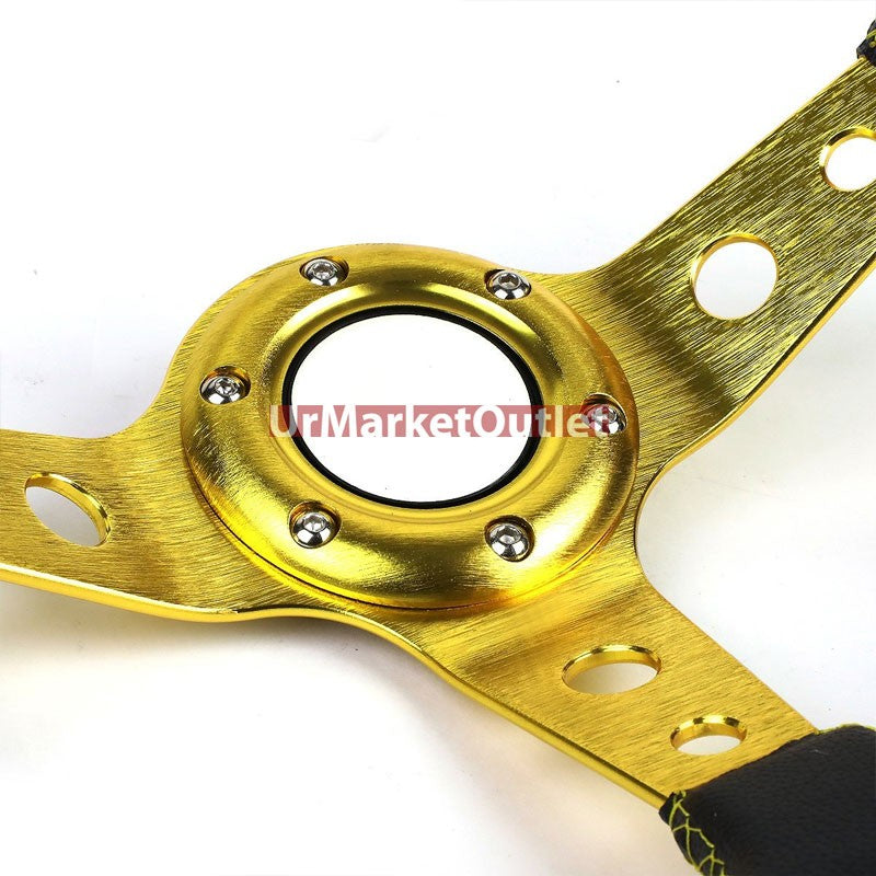 Black Leather/Gold Round Holes 350mm 3.00" Deep Dish Steering Wheel+Horn Button-Interior-BuildFastCar