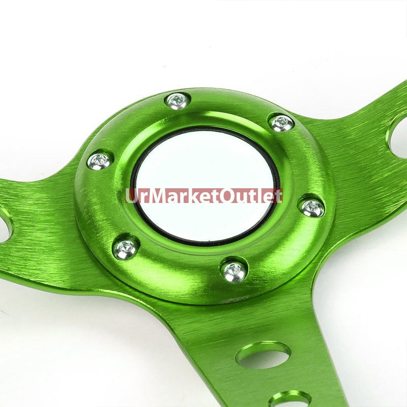 Black Leather/Green Round Holes 350mm 3.00" Deep Dish Steering Wheel+Horn Button-Interior-BuildFastCar