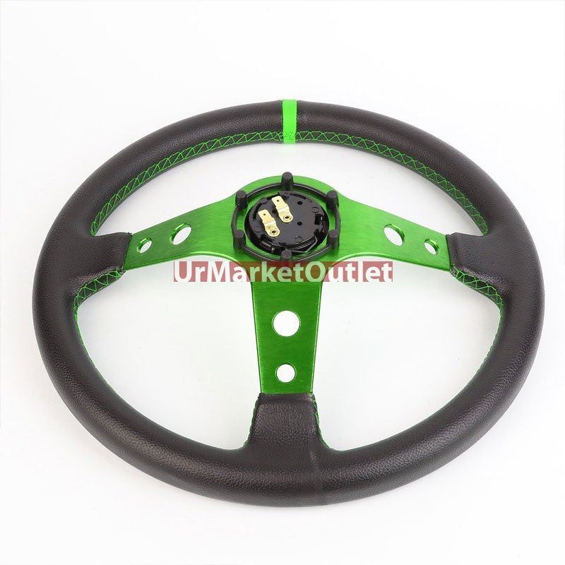 Black Leather/Green Round Holes 350mm 3.00" Deep Dish Steering Wheel+Horn Button-Interior-BuildFastCar