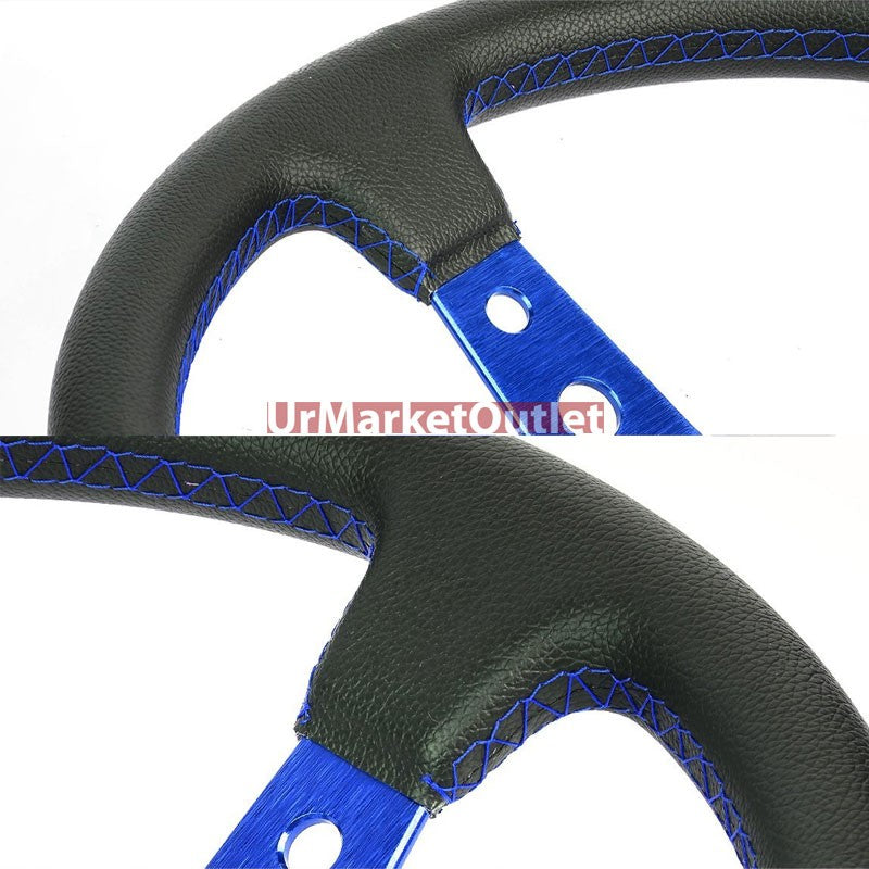 Black Leather/Blue Round Holes 350mm 3.00" Deep Dish Steering Wheel+Horn Button-Interior-BuildFastCar