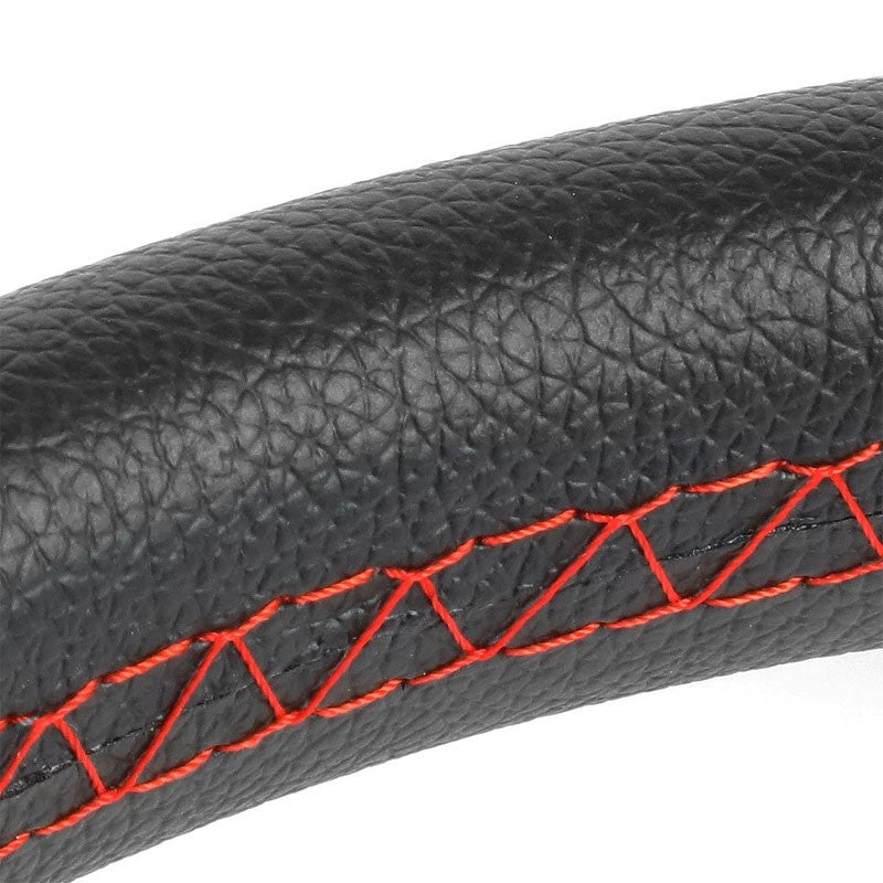 Black Leather Thumb Grip/Spokes/Red Stitch 320mm Steering Wheel+Horn Button-Interior-BuildFastCar