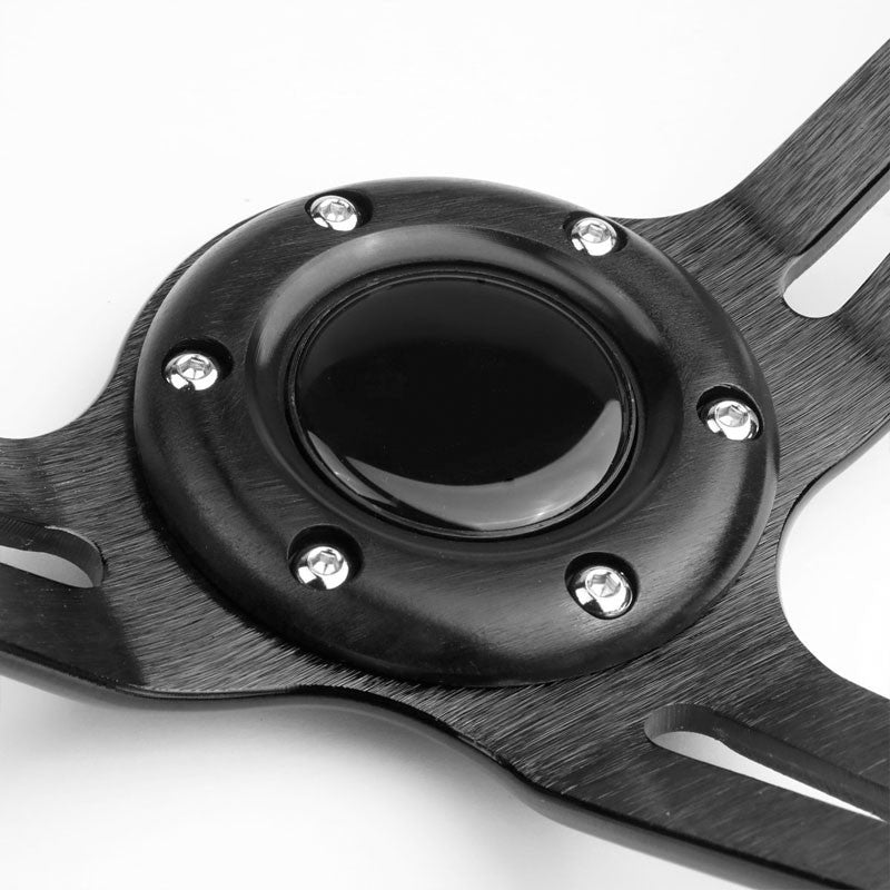 Black Leather/Slit Holes Spokes 350mm 3.50" Deep Dish Steering Wheel+Horn Button-Interior-BuildFastCar