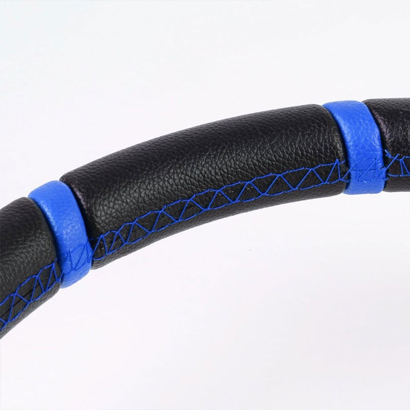 Black Leather/Blue Quad-Stripe 350mm 3.50" Deep Dish Steering Wheel+Horn Button-Interior-BuildFastCar