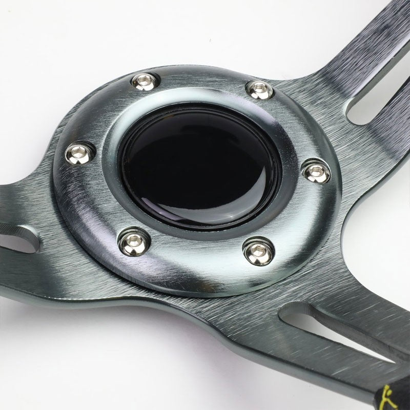 Black Leather/Gunmetal Slit Holes 350mm 3.50" Deep Steering Wheel+Horn Button-Interior-BuildFastCar
