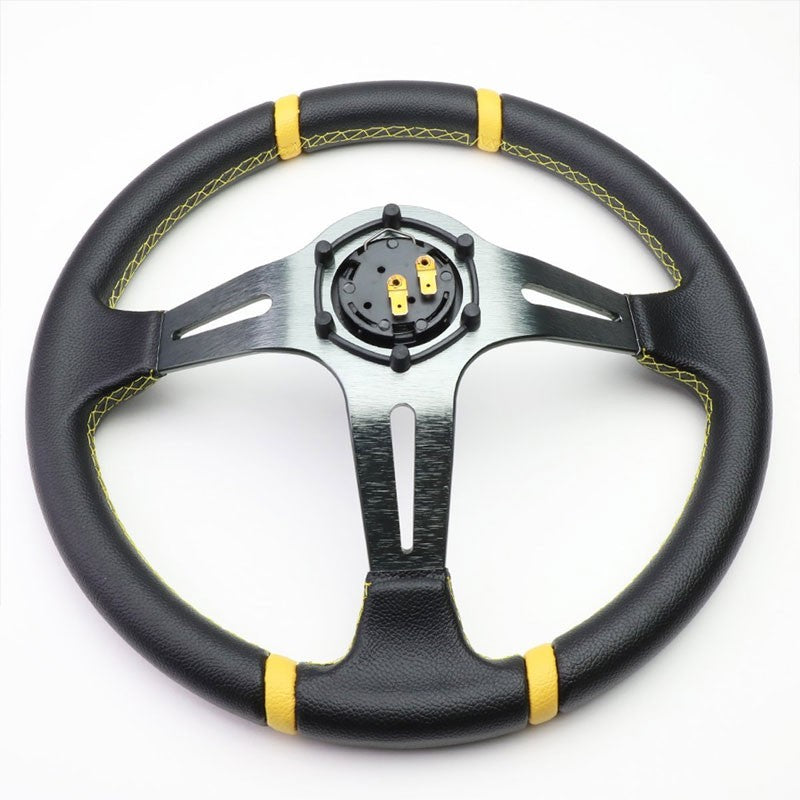 Black Leather/Gunmetal Slit Holes 350mm 3.50" Deep Steering Wheel+Horn Button-Interior-BuildFastCar