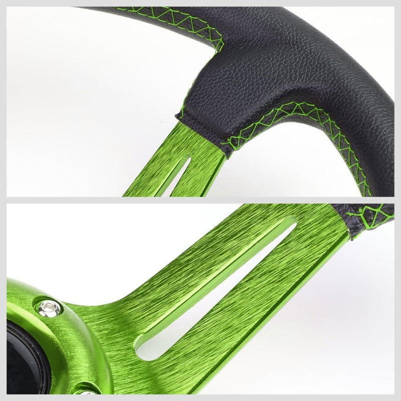 Black Leather/Green Quad-Stripe 350mm 3.50" Deep Dish Steering Wheel+Horn Button-Interior-BuildFastCar