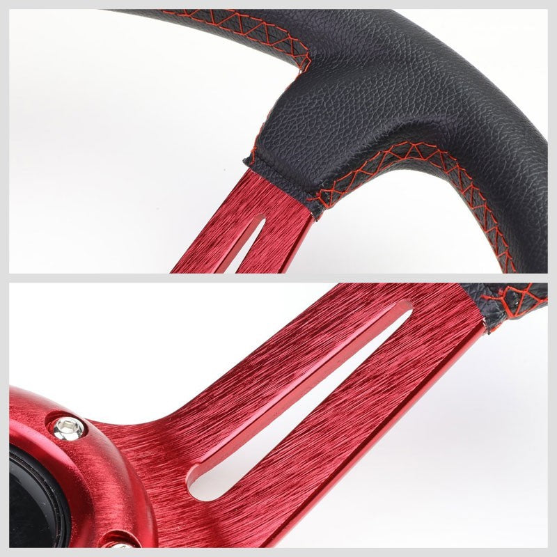 Black Leather/Red Quad-Stripe 350mm 3.50" Deep Dish Steering Wheel+Horn Button-Interior-BuildFastCar